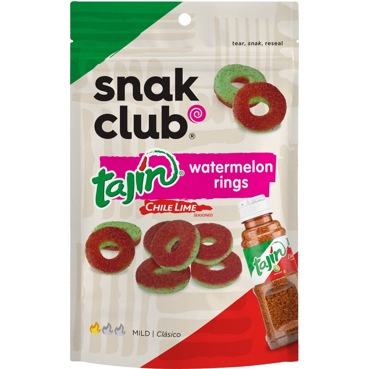 Front of Snak Club Tajin Watermlon Rings bag showing logo, colourful watermelon rings, and the Chile Lime seasoning label (64g pack)