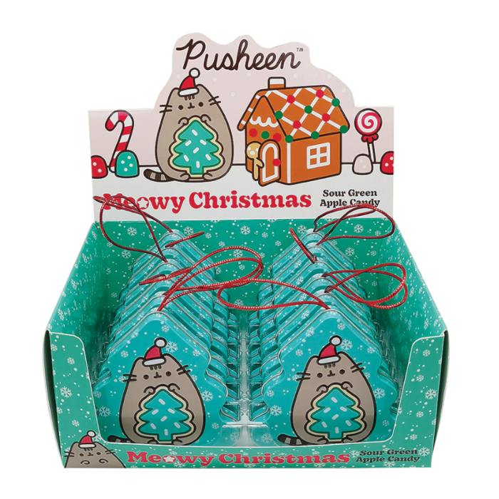 Front of Pusheen Meowy Christmas Tin showing a festive design with sour green apple candy label (42g)