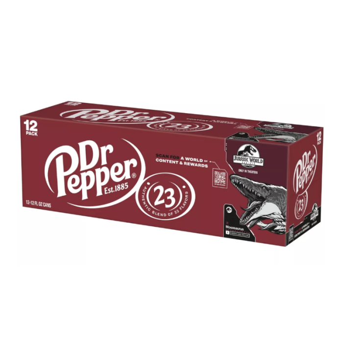 Front of Dr Pepper Original Jurassic World Limited Edition case showing logo and dinosaur illustration, 12 pack of 355ml cans