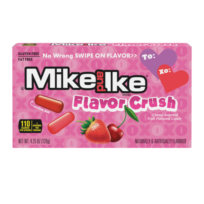 Front of Mike & Ike Valentine Mix Theatre Box showing pink packaging, assorted fruit-flavoured candies, and 'Valentine Mix' label (120g pack)