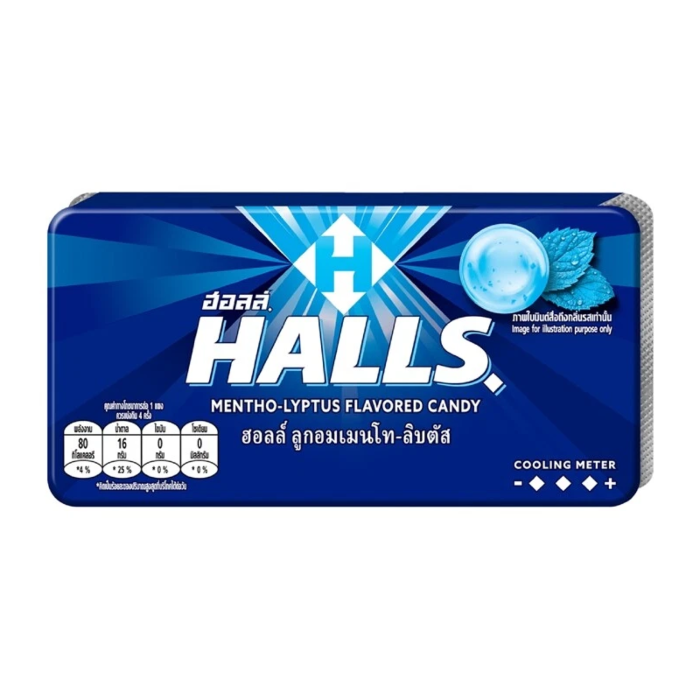 Front of HALLS Candy Centre pack showing blue label with HALLS logo, mentholyptus flavour details, and 22g pack size.
