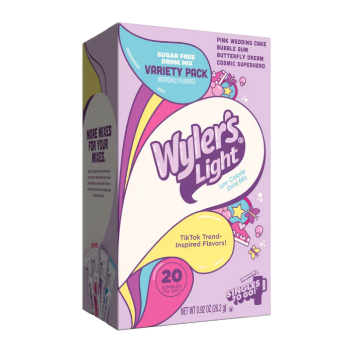 Front of Wyler's Light Singles To Go Watertok V2 Fun Flavours box showcasing sugar-free drink mix variety pack with 20 single servings (262.9g)