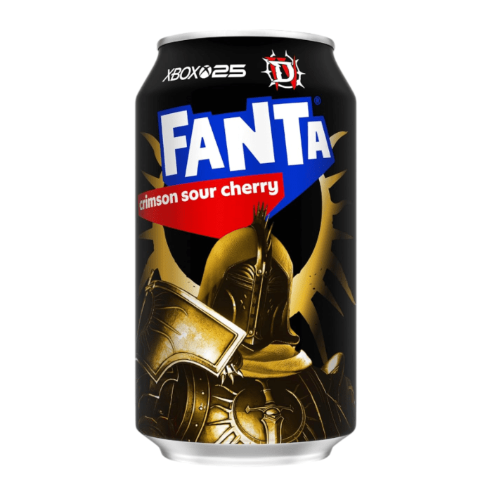 Front of Fanta Crimson Sour Cherry can showcasing bold logo with cherry flavour text and a unique design (355ml pack)