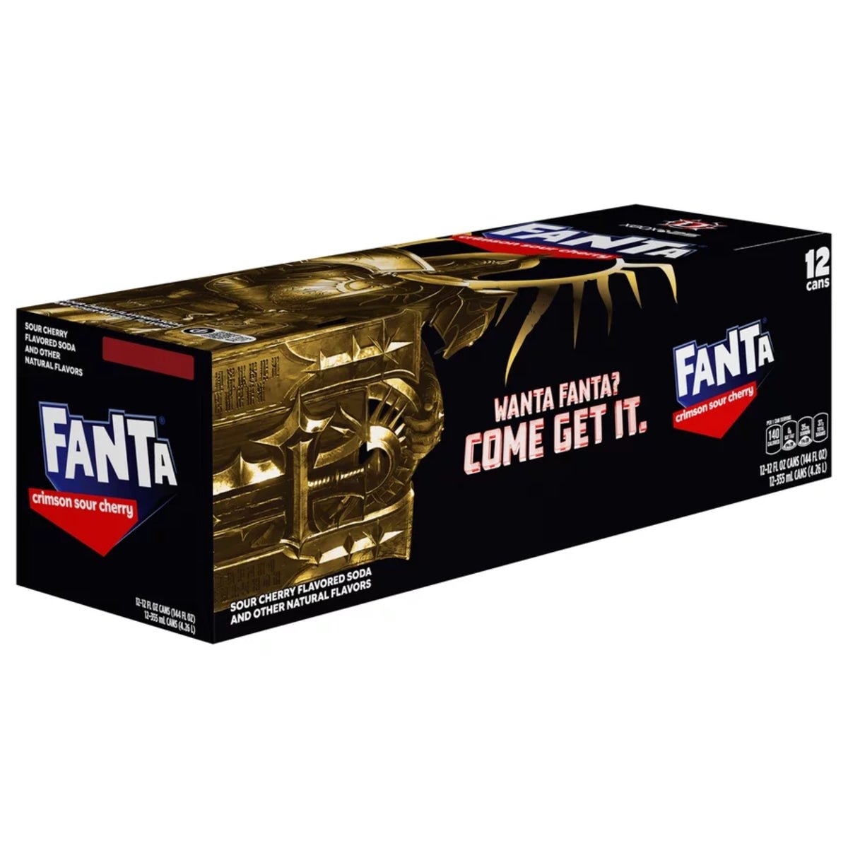 Front of Fanta Crimson Sour Cherry case showing logo, graphics, and "Sour Cherry Flavoured Soda" label (355ml x 12 pack)