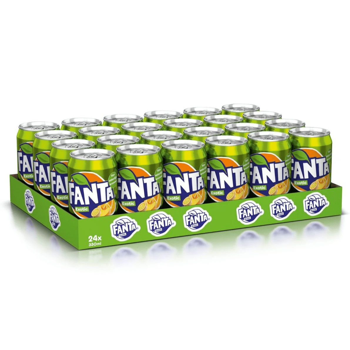 Front of Fanta Exotic 24 pack showing vibrant logo, exotic fruit imagery, and clear indication of 330ml cans in the pack.