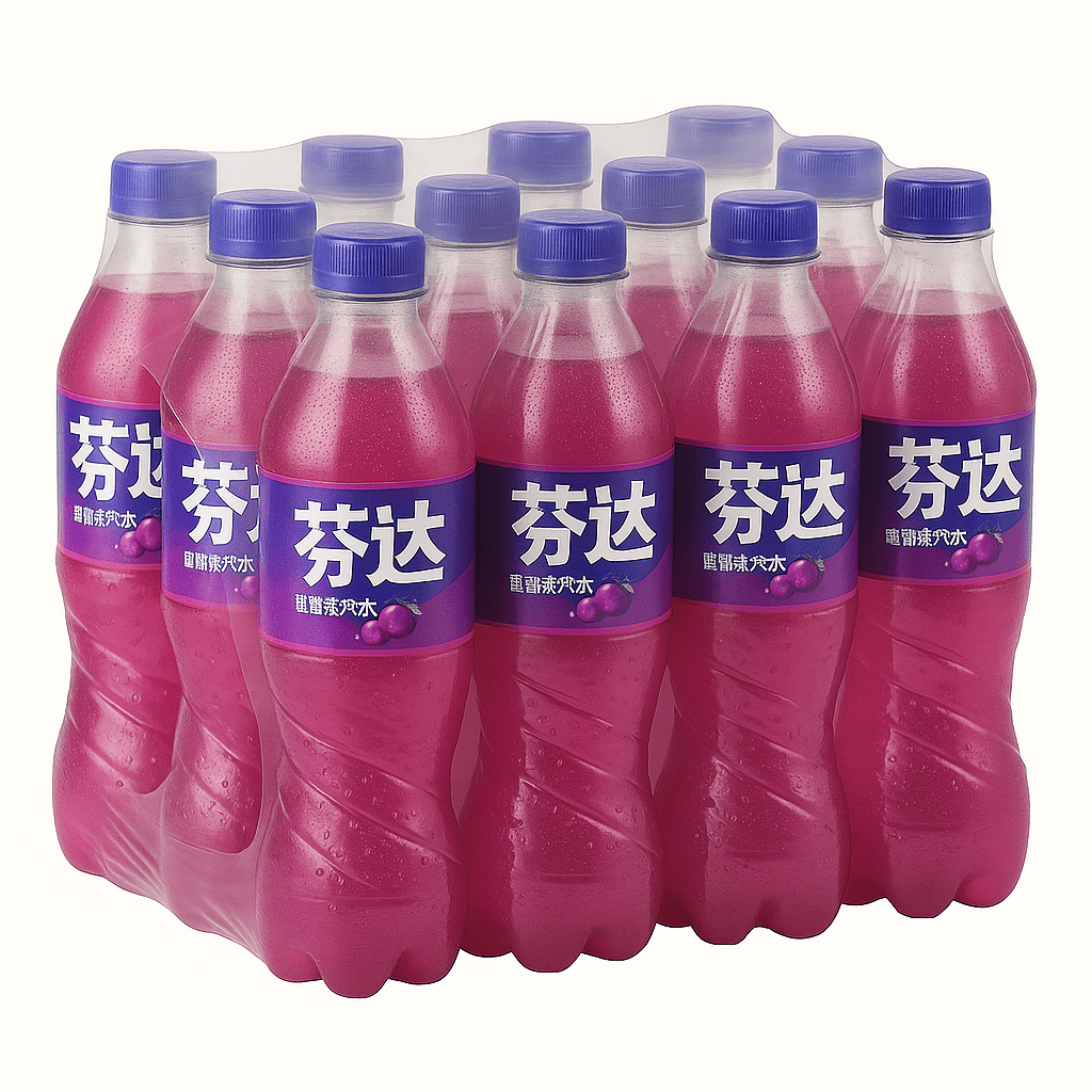 Front of Fanta Grape (China) case showing a vibrant purple label, grape flavour text, and 12 bottles of 500ml soft drink.