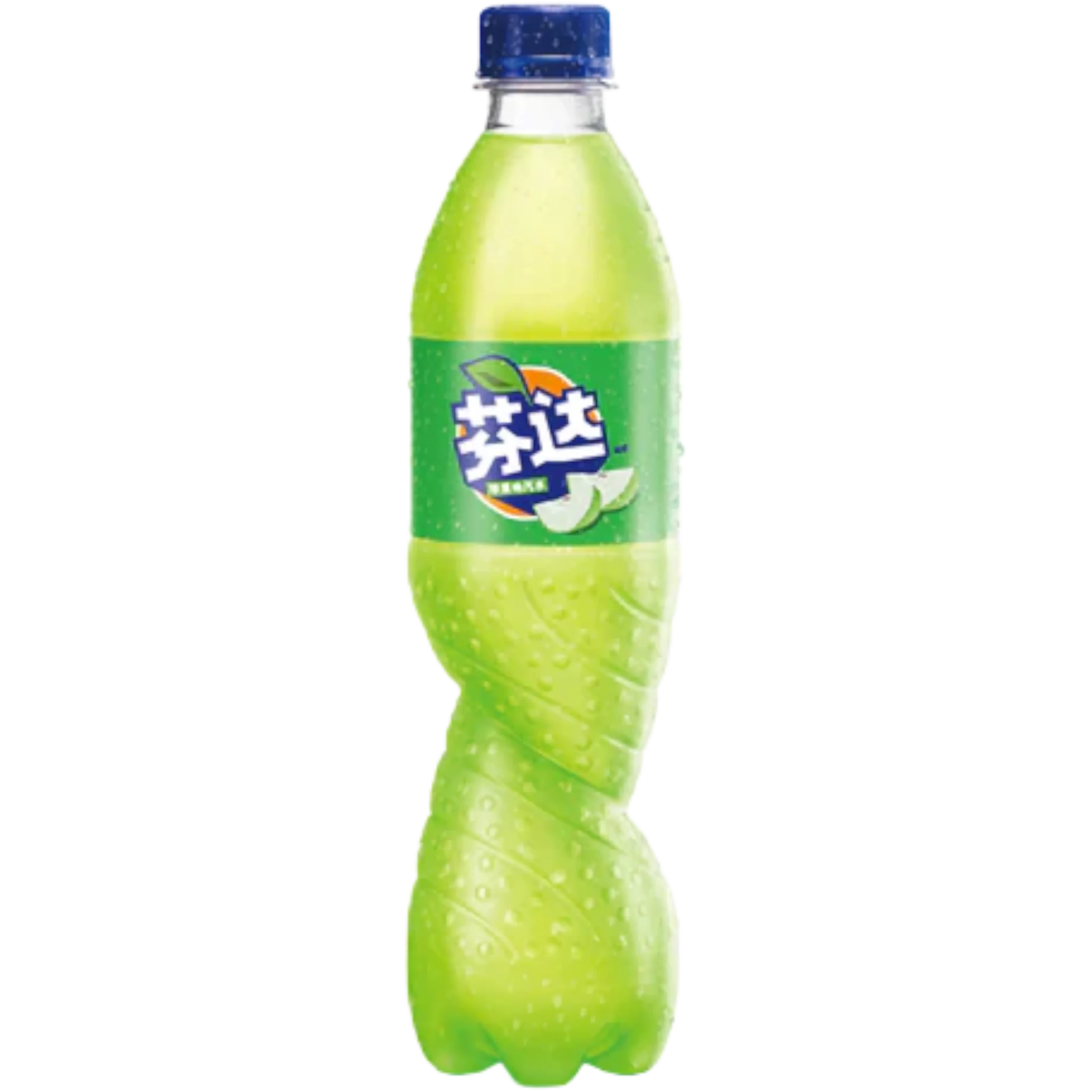 Front of Fanta Green Apple bottle showing bright green label with logo, featuring green apple imagery and 500ml size.