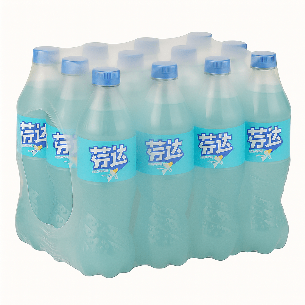 Front of Fanta Jasmine Peach (China) 500ml label showcasing jasmine and peach flavours, with a case of 12 bottles visible.