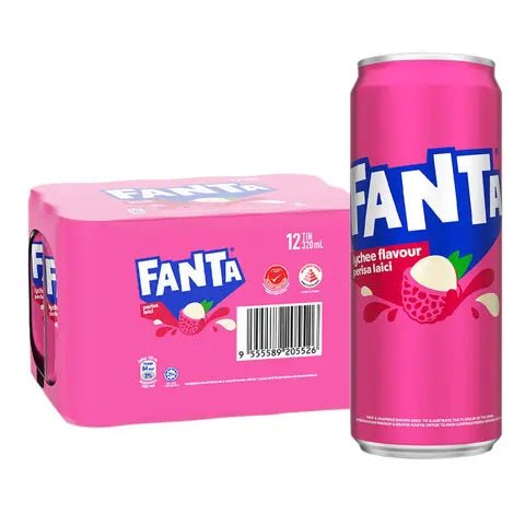 Front of Fanta Lychee Case of 12 (320ml x12) showing pink packaging with Fanta logo and lychee flavour details.