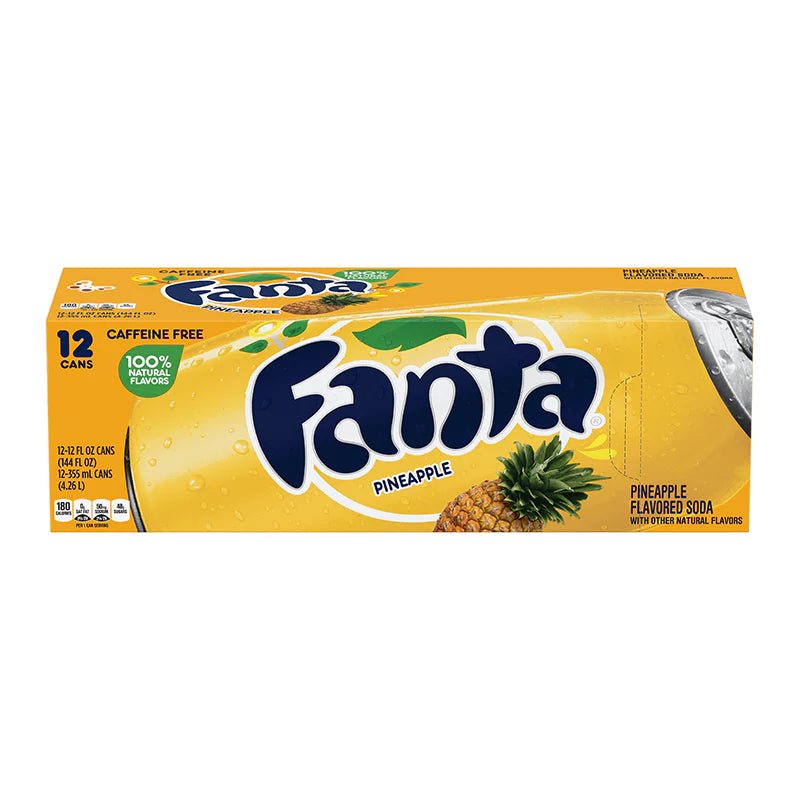 Front of Fanta Pineapple Case showing bright yellow packaging, large logo, pineapple imagery, and 12 cans of pineapple-flavoured soda (355ml each)
