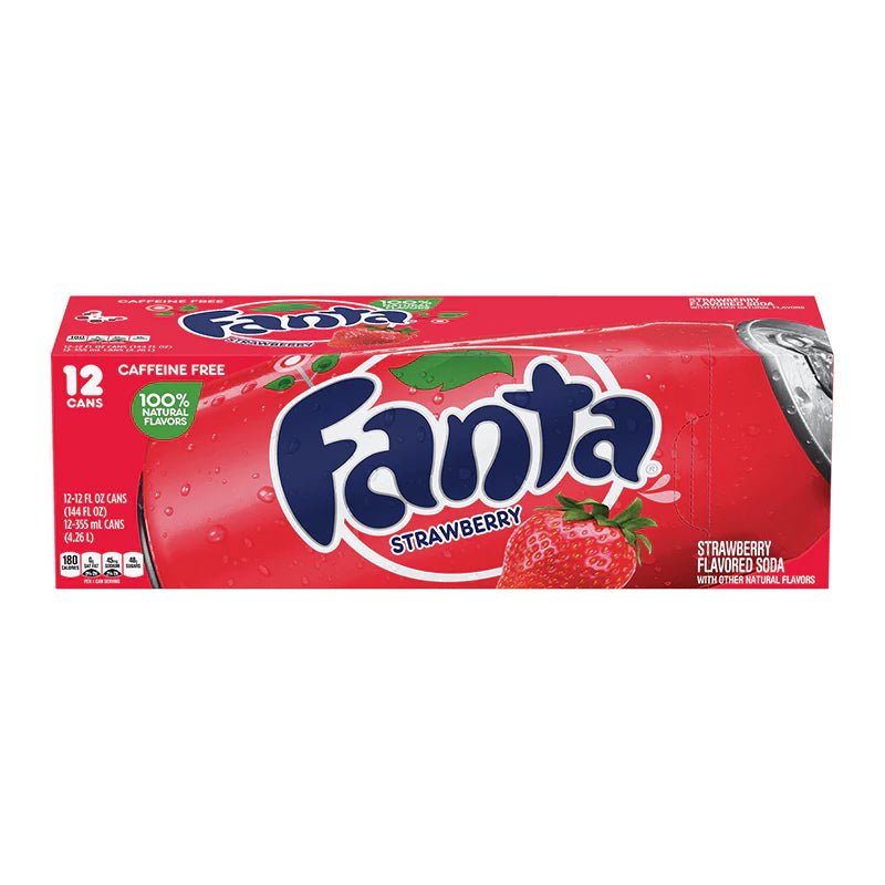 Front of Fanta Strawberry Case of 12 pack showing bright red packaging, strawberry flavour label, and logo (355ml cans)