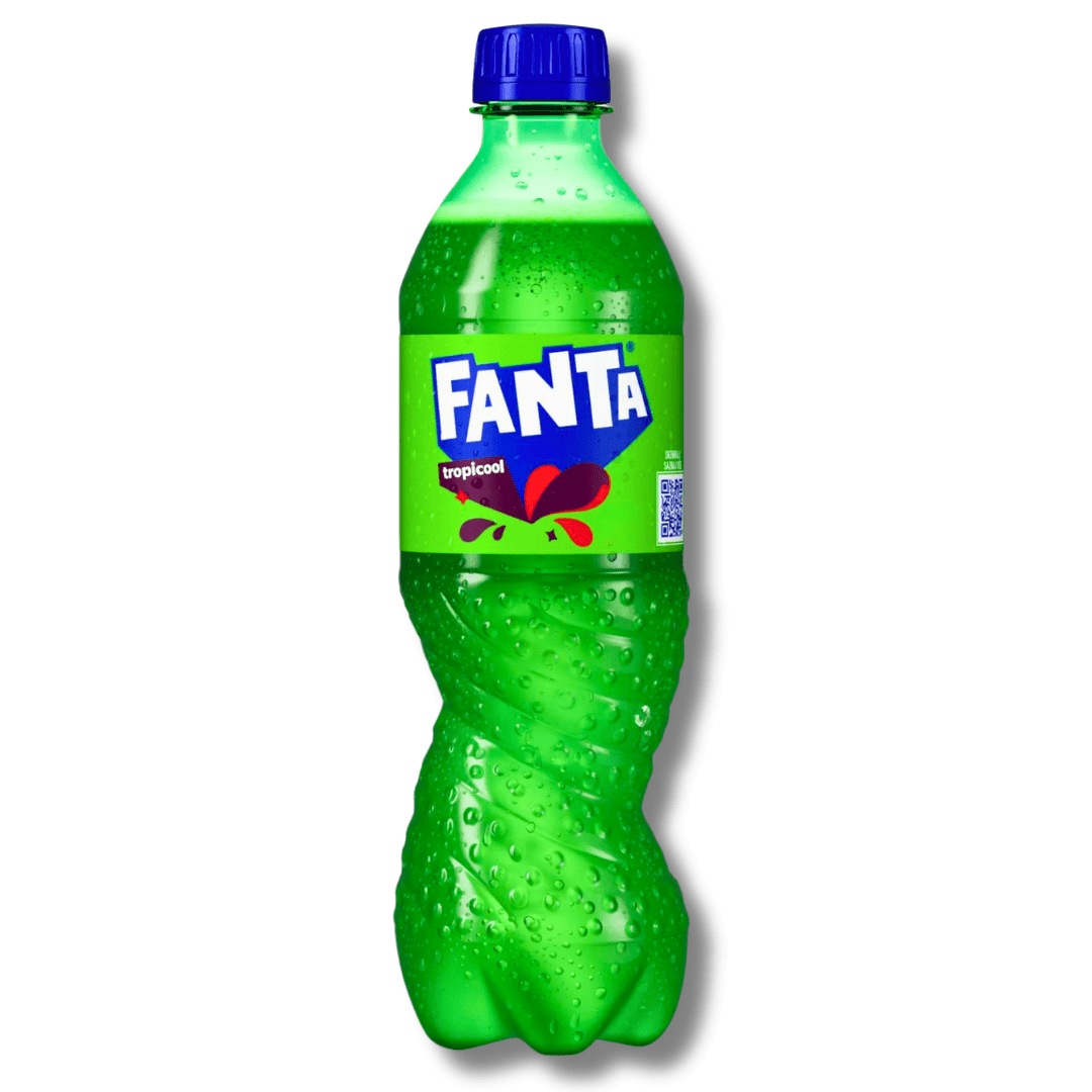 Front of Fanta Tropical bottle featuring bold logo, vibrant tropical flavour label, and 500ml pack size with green background.