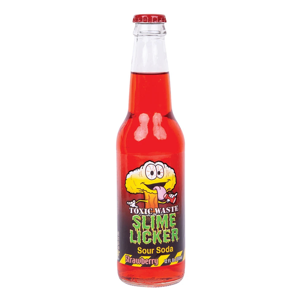 Front of Toxic Waste Slime Licker Soda bottle showing colourful label, cartoon character, strawberry flavour, and 355ml size