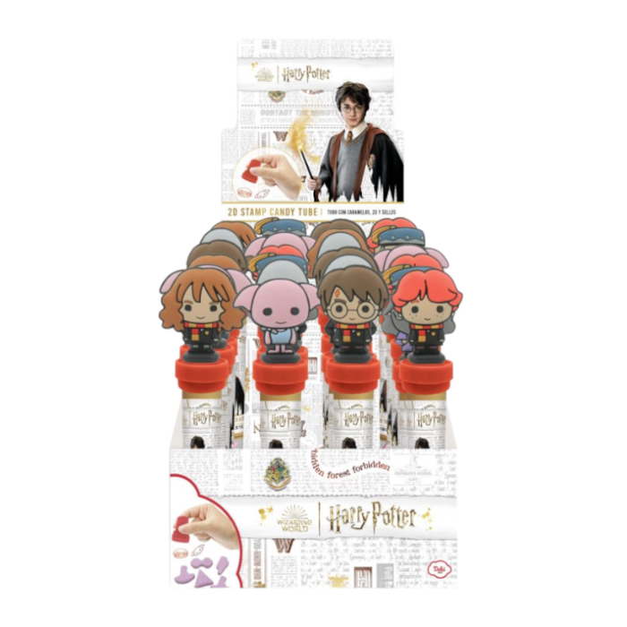 Front of Harry Potter Stamp Candy Tube showing colourful characters, logo, and fun candy design (8g)