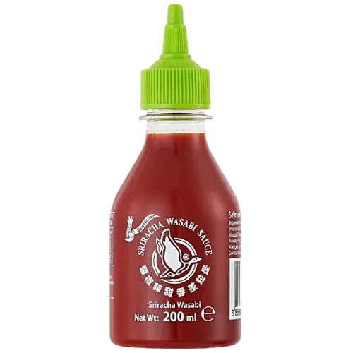 Front of Flying Goose Sriracha Wasabi Chilli Sauce bottle featuring red label with green cap and details, including 200ml volume.