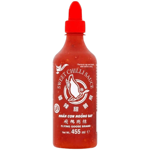 Front of Flying Goose Sweet Chilli Sauce bottle showing logo, red sauce label, and 455ml pack size