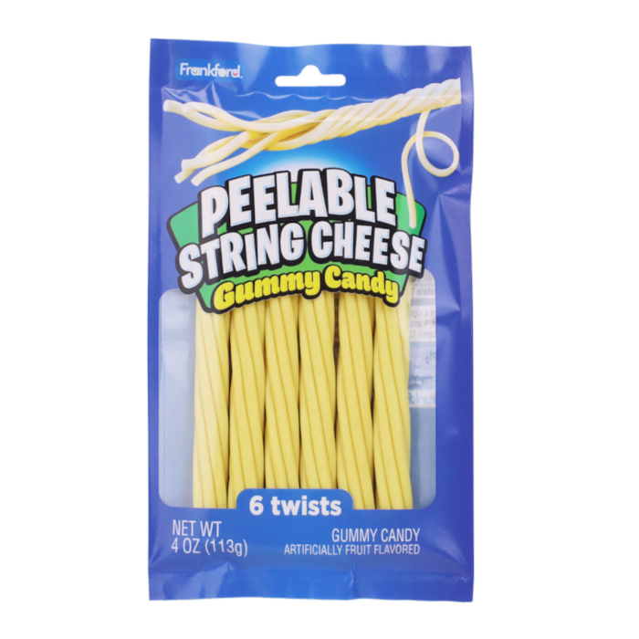 Front of Frankford Peelable String Cheese Gummy Candy package showcasing bright colours, the product name, and 6 twists of gummy candy (113g pack)