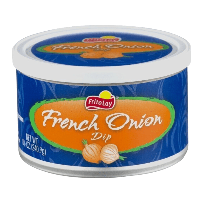 Front of Frito Lay French Onion Dip tub showing the blue label with the product name and illustrations of onions (240.9g pack)