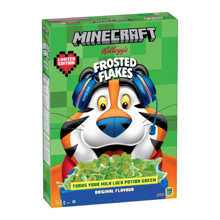 Front of Kellogg's Frosted Flakes Minecraft box showing colourful graphics, original flavour label, and 340g pack size with a cartoon tiger character.