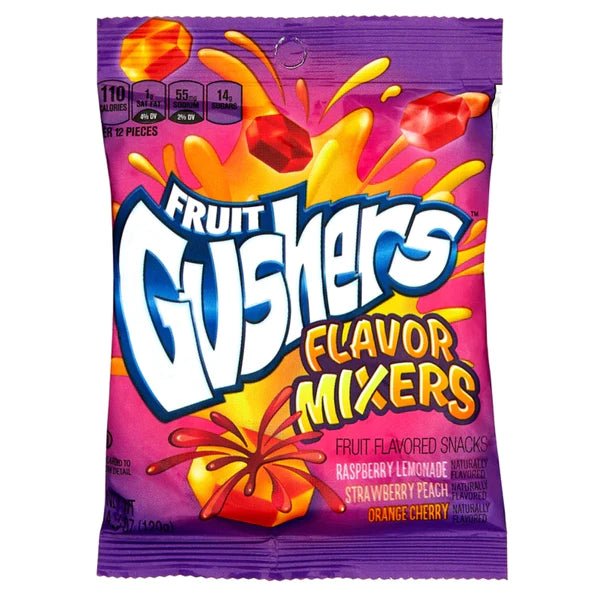 Front of Fruit Gushers Flavour Mixers pack showing vibrant logo and flavours: raspberry lemonade, strawberry peach, and orange cherry (120g pack)