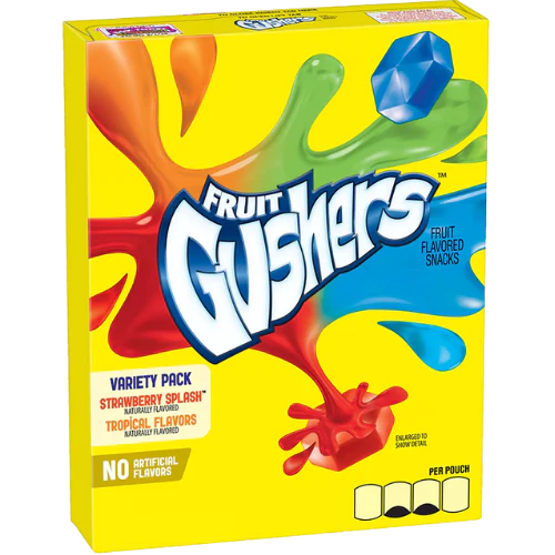 Front of Fruit Gushers Variety Pack showing the bright yellow box with the logo, featuring Strawberry Splash and tropical flavours (136g pack)