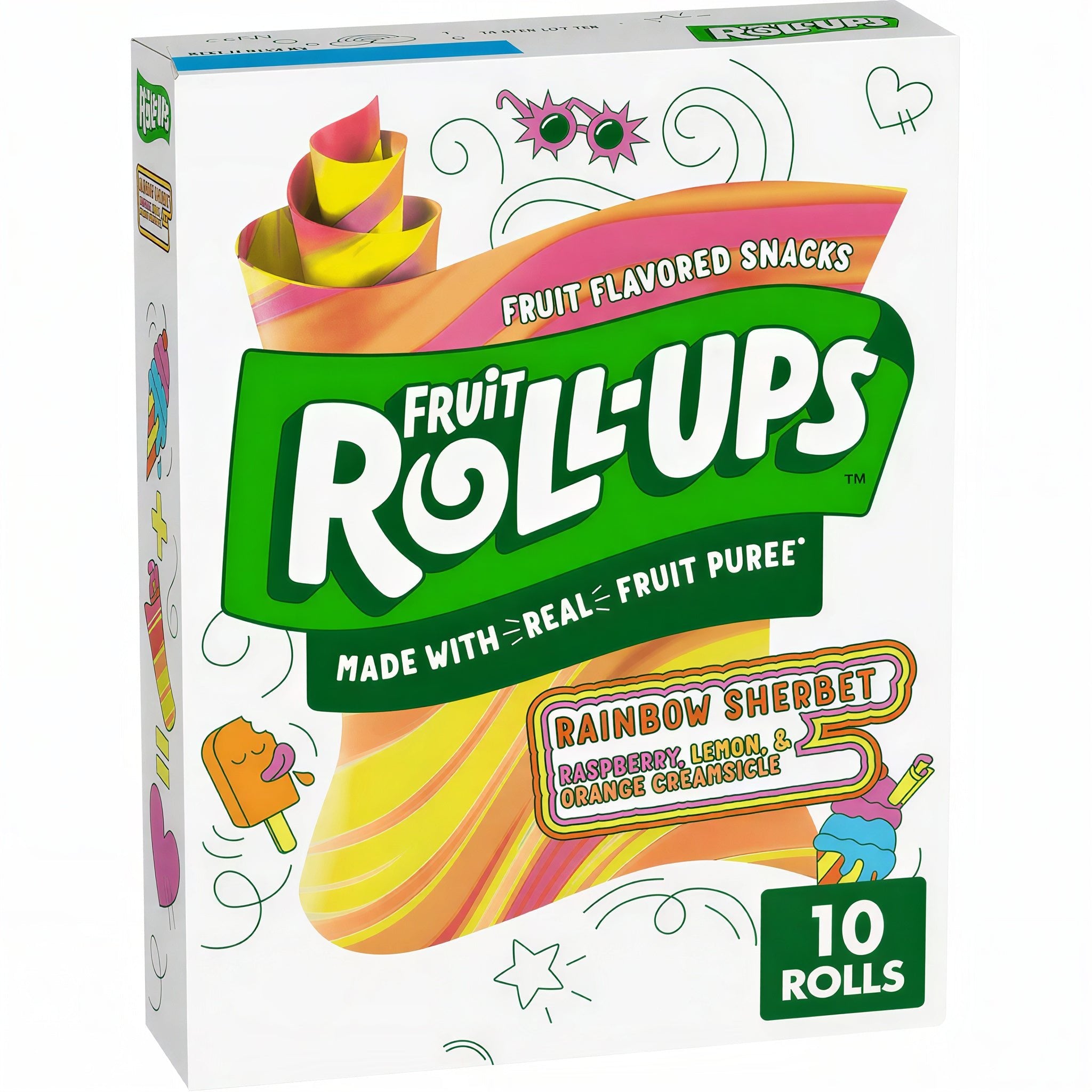 Front of Fruit Roll-Ups Rainbow Sherbert box showing the logo and colourful fruit-flavoured snacks (141g pack)