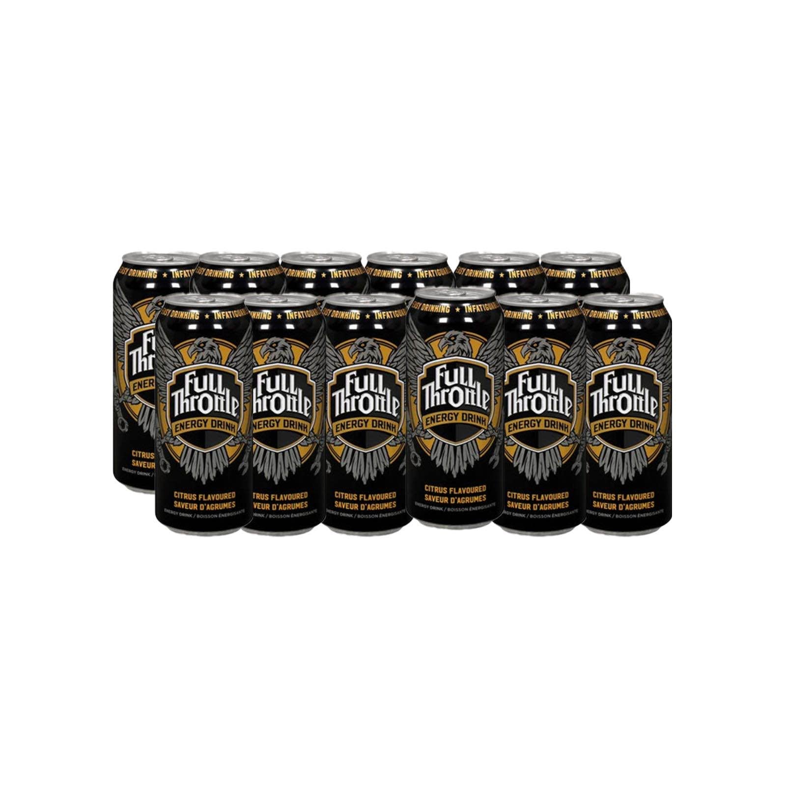 Front of Full Throttle Citrus energy drink cans showing logo, vibrant citrus flavour label, and packaging of 12 cans (473ml each)
