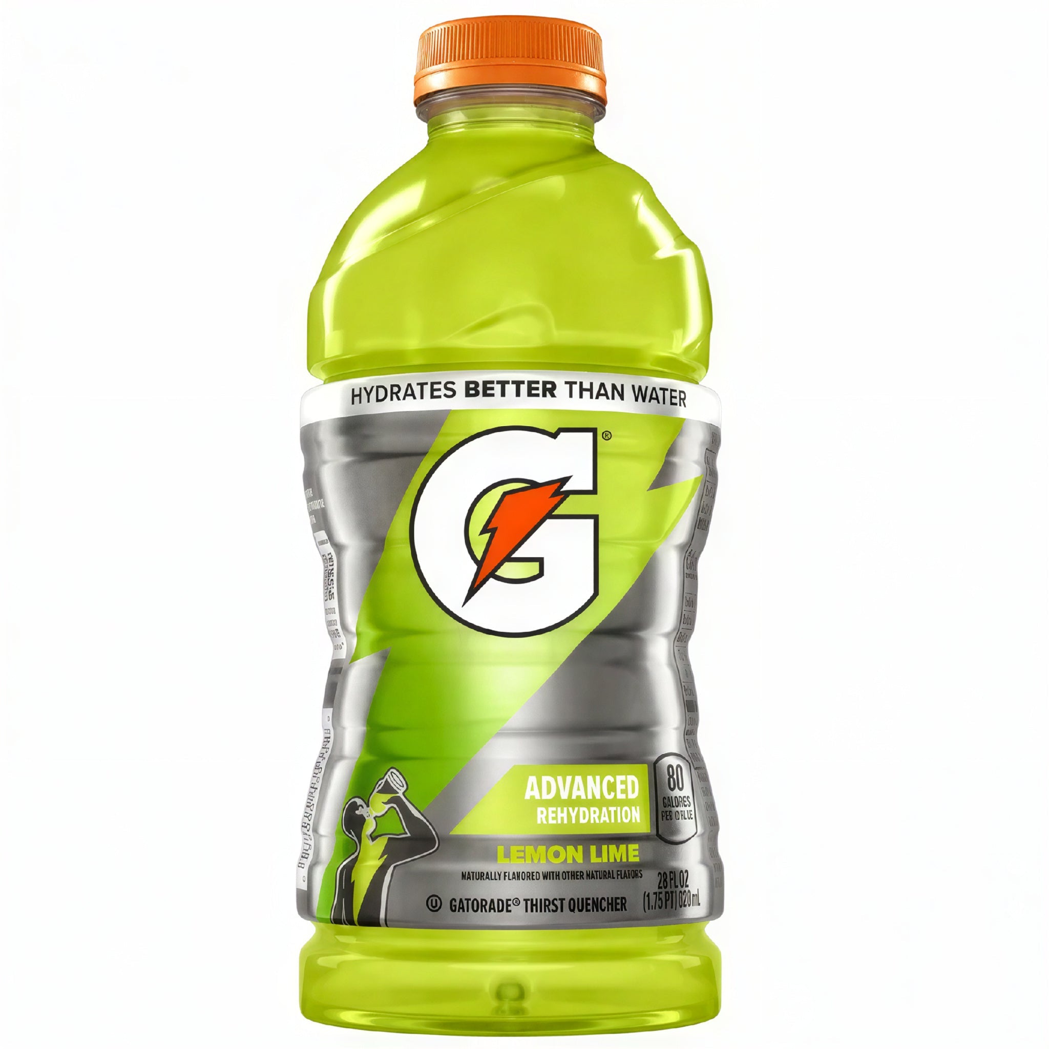 A single bottle of Gatorade Thirst Quencher Lemon Lime flavor, 28 fl oz (828 ml), featuring its signature bright lime green plastic bottle, orange cap, and silver and green label with the G logo.