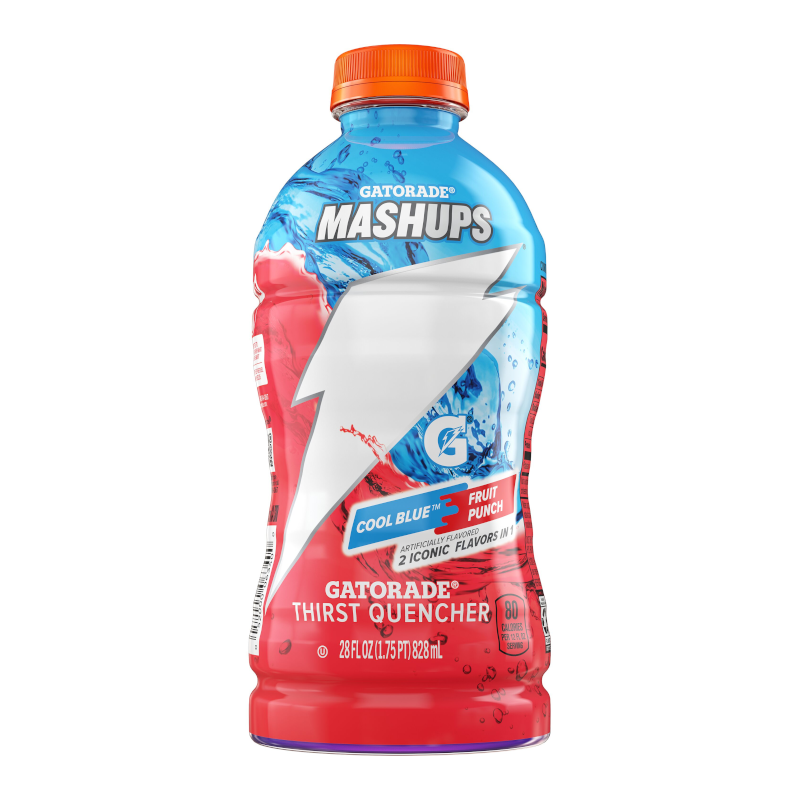 Front of Gatorade Thirst Quencher Mashups Cool Blue Fruit Punch bottle, featuring a bold logo and vibrant blue and red design (828ml pack)