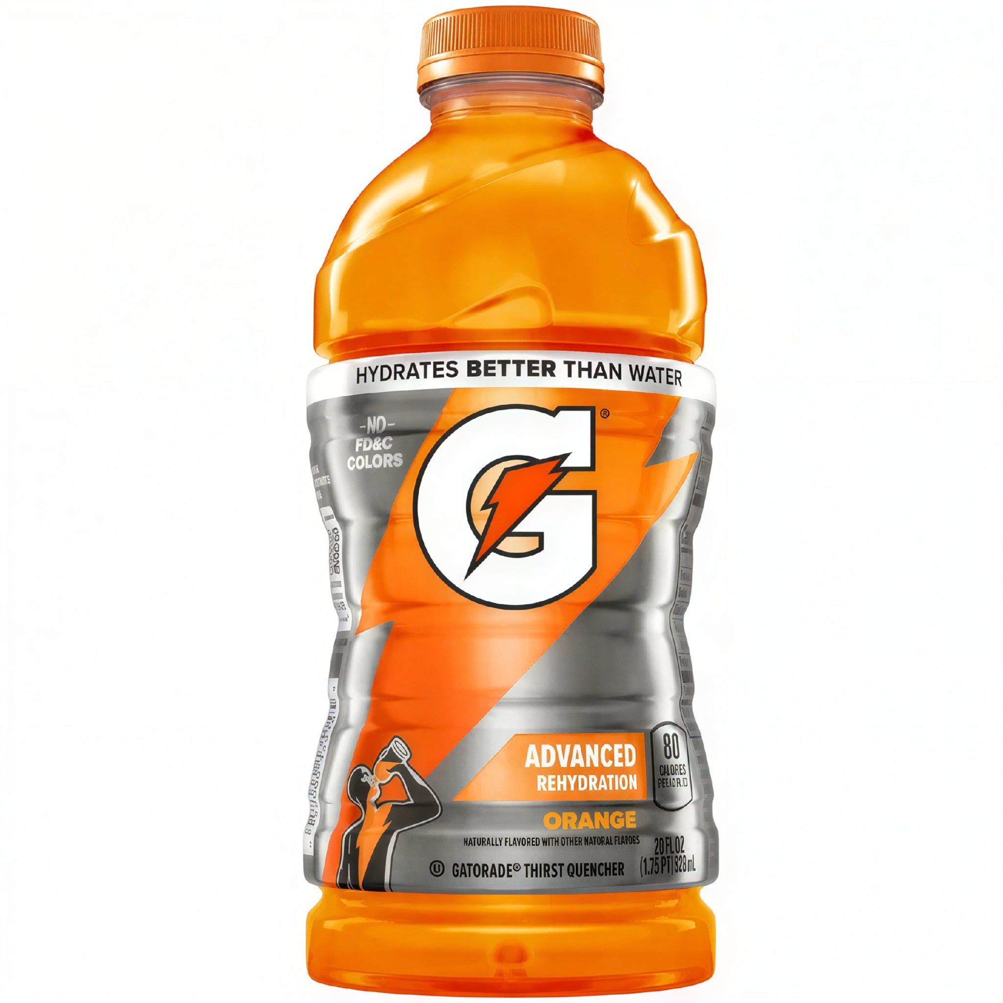 A single bottle of Gatorade Advanced Rehydration Orange flavor drink on a plain white background. The bottle is made of translucent orange plastic with a matching orange cap, and the label features the large white G logo with an orange lightning bolt on a gray and orange background.