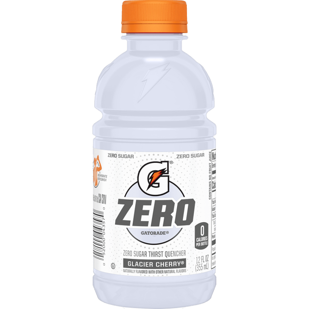 Front of Gatorade Zero bottle showing bold logo, Glacier Cherry flavour label, and details of zero sugar and zero calories (355ml pack)