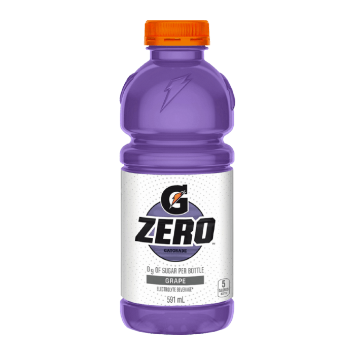 Front of Gatorade Zero Grape bottle featuring the logo, grape flavour label, and 591ml pack size