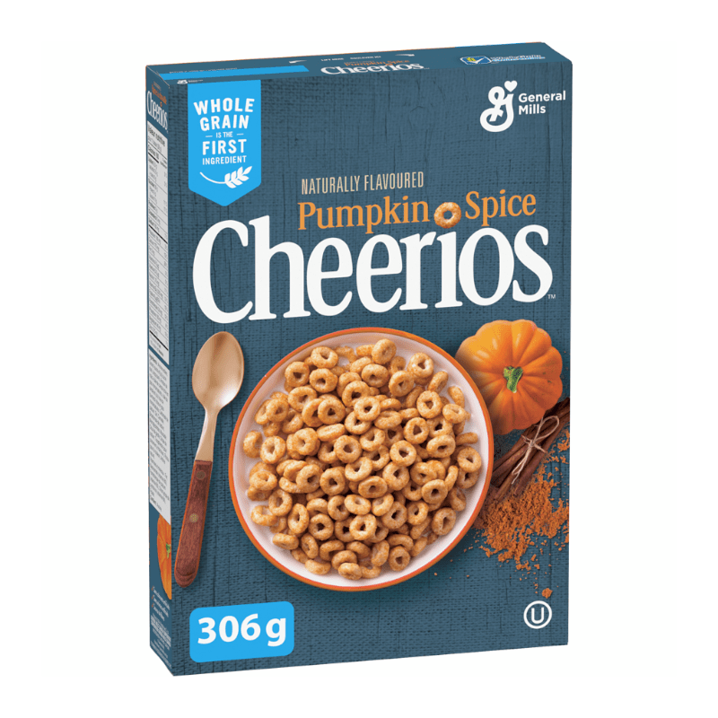 Front of General Mills Pumpkin Spice Cheerios box displaying the logo, pumpkin spice flavour label, and a bowl of cereal with a 306g pack size