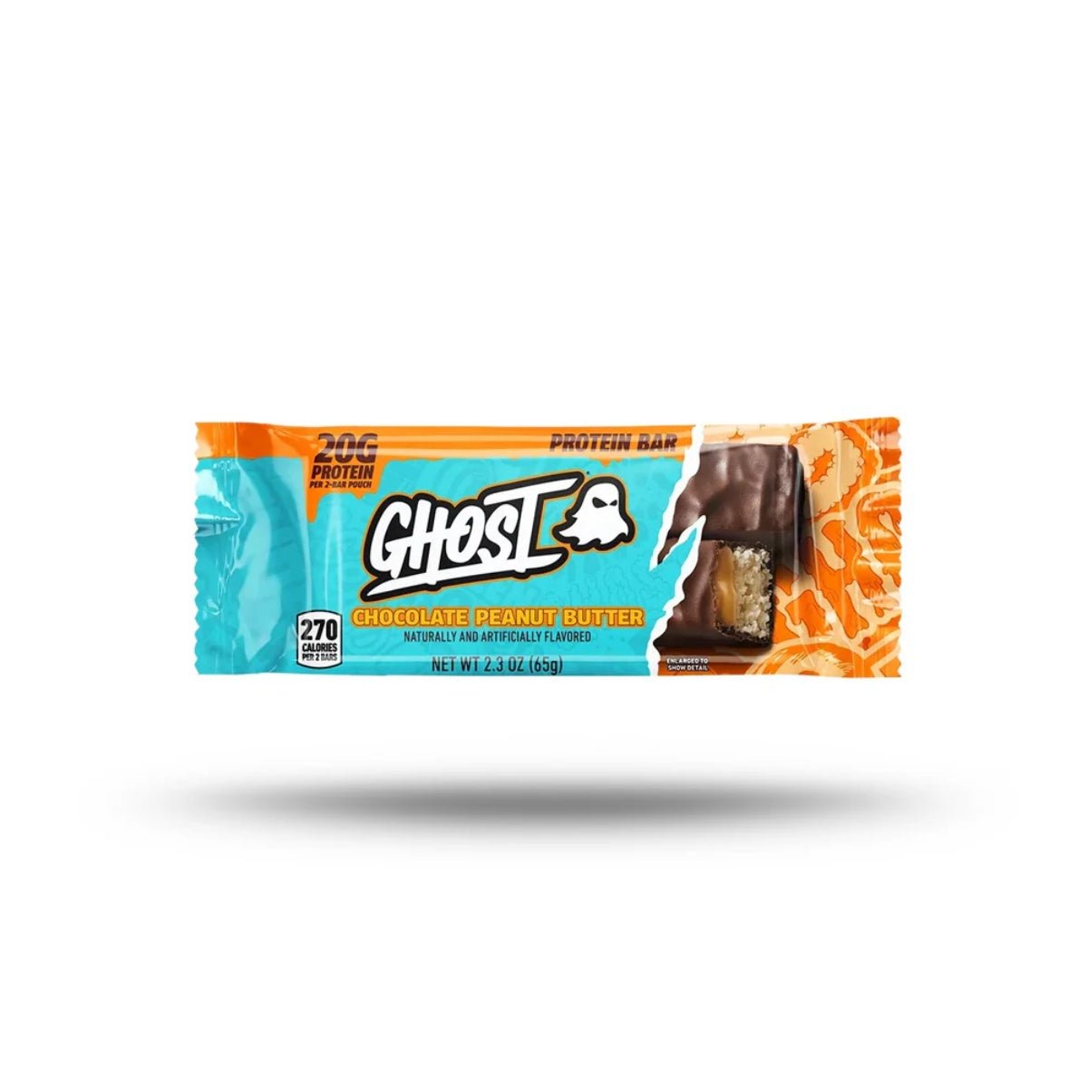 Front of Ghost Peanut Butter Protein Bar package showing branding, peanut butter flavour, and 65g size