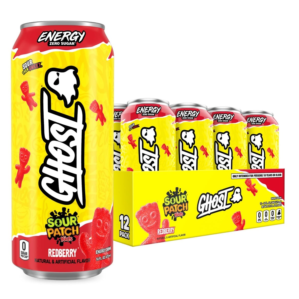 Front of Ghost Sour Patch Redberry Energy Drink can and 12-pack, featuring vibrant colours and images of sour patch kids.