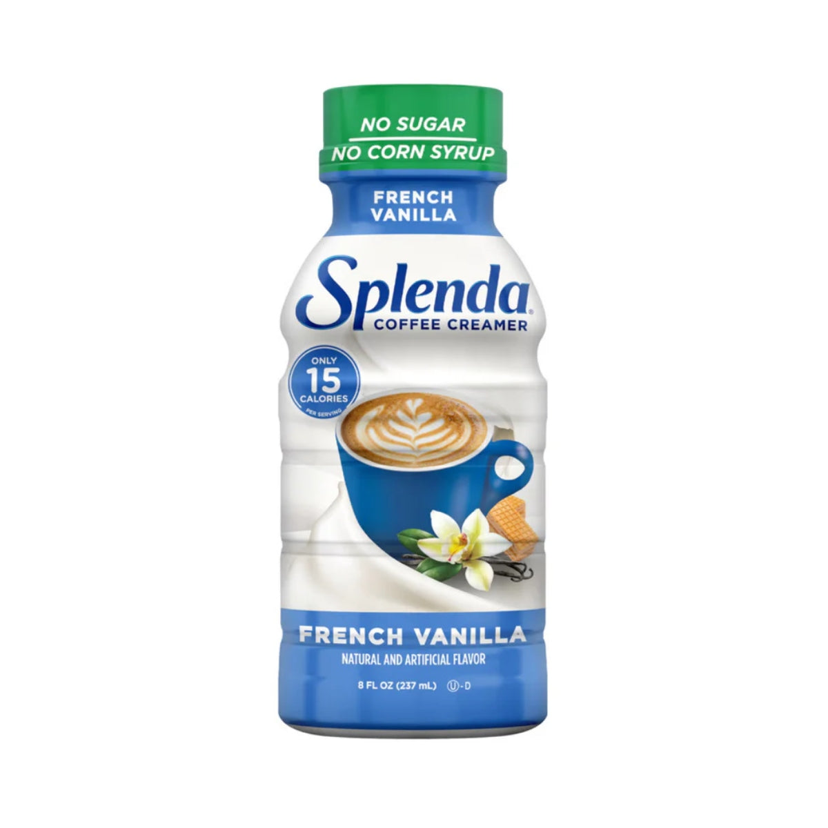 Front of Splenda Coffee Creamer French Vanilla bottle showing logo, flavour, and pack size (237ml)