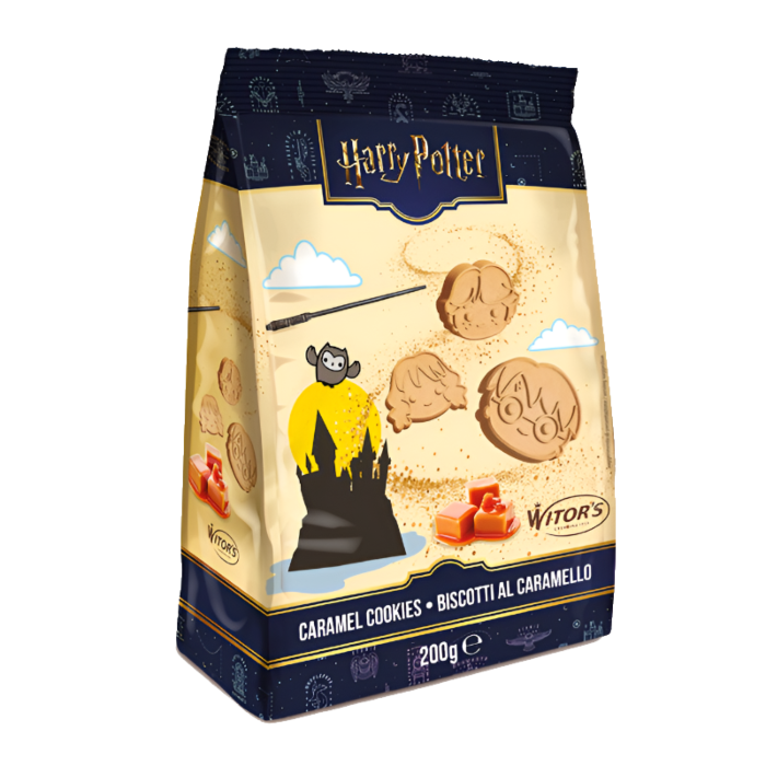 Front of Harry Potter Caramel Cookies bag showing a whimsical design with shapes inspired by the wizarding world and a pack size of 200g