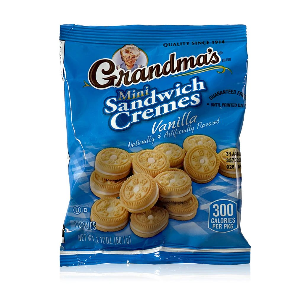 Front of Grandma's Mini Vanilla Cream packet showing blue label, logo, and images of mini sandwich cookies (60g pack)
