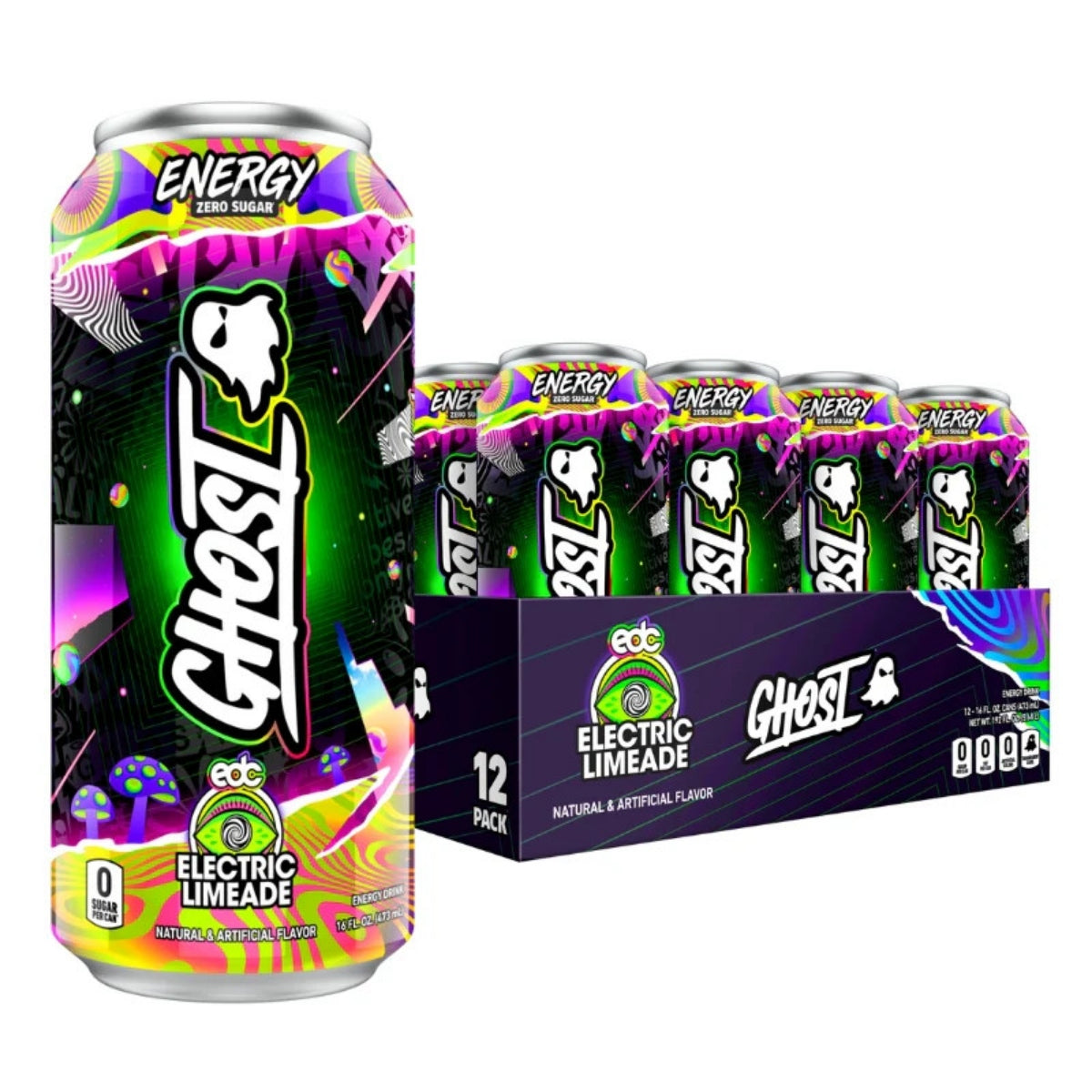 Front of Ghost Electric Limeade case showing vibrant design with logo, flavour label, and packaging of 12 x 473ml cans