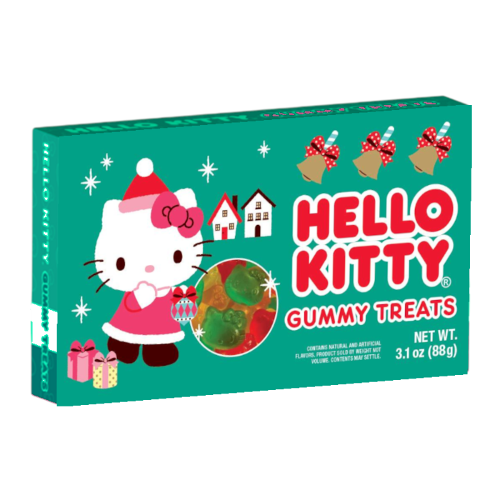 Front of Hello Kitty Christmas Gummy Treats Theatre Box showing bright teal packaging, Hello Kitty in a Christmas outfit, and a circular window displaying colourful gummies (88g pack)