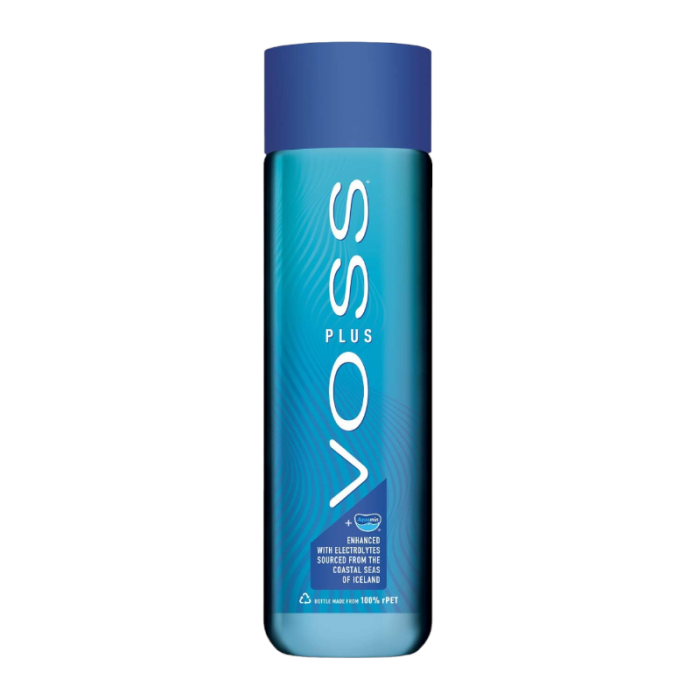 Front of Voss Plus Still Water with Electrolytes plastic bottle, featuring blue design and 500ml label