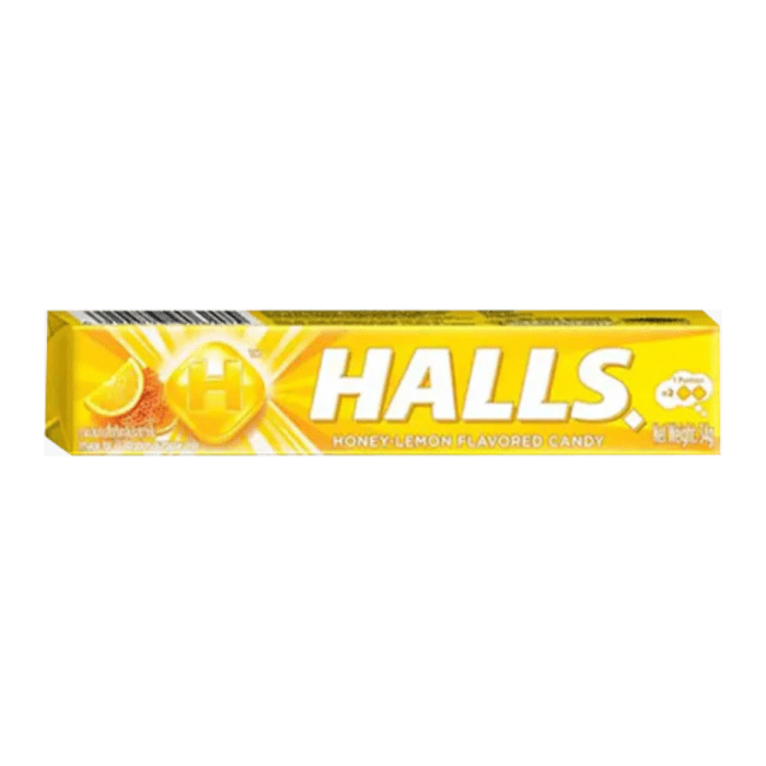 Front of HALLS Fresh Candy Roll showing yellow packaging with honey and lemon imagery, product name, and 33g size.