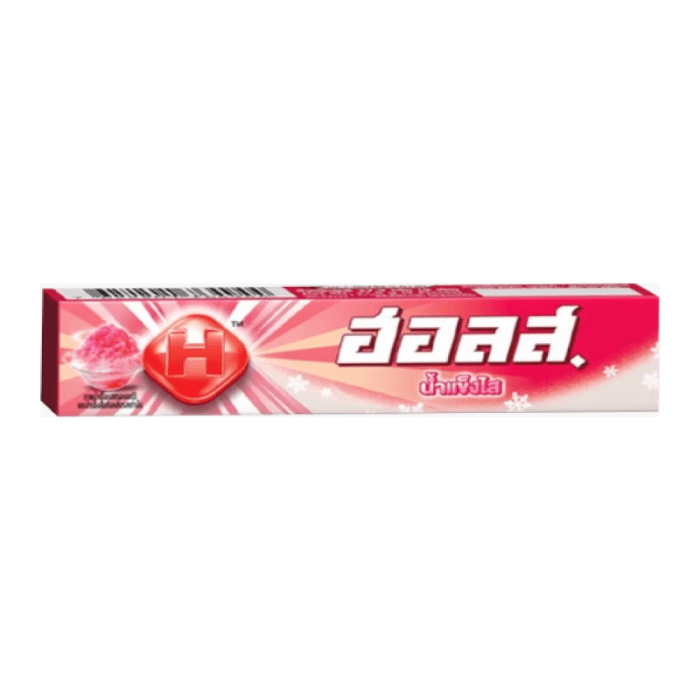 Front of Halls Fresh Icy Strawberry & Menthol pack showing vibrant pink design with strawberry imagery and logo (27.9g pack)