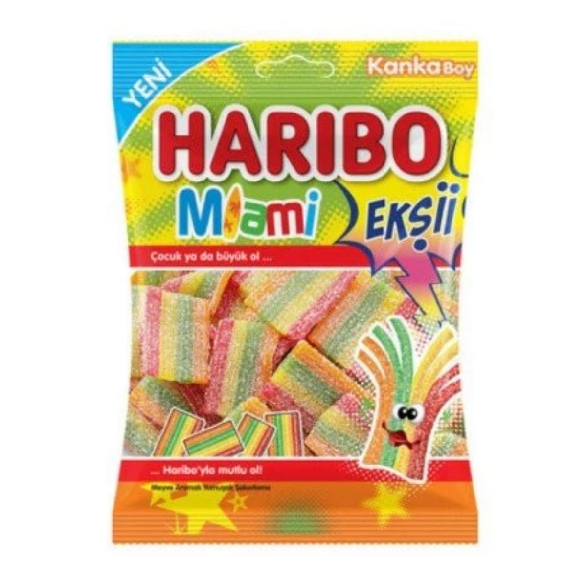 Front of a bright bag of Haribo Halal Miami Belts showing colourful fruit flavoured chewy belts, 70g pack size