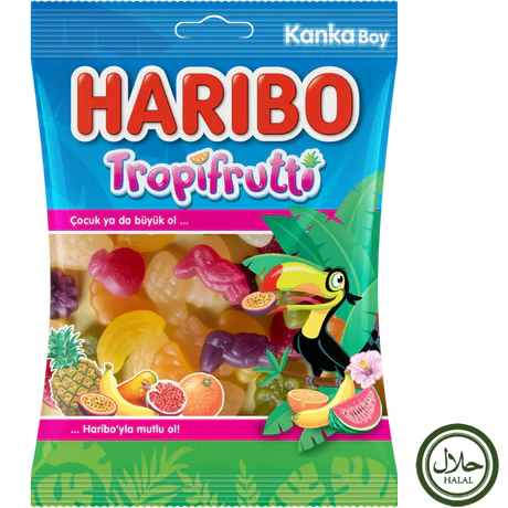 Front of Haribo Halal Tropifrutti bag showing a colourful design, tropical fruit gummy shapes, and the 80g pack size