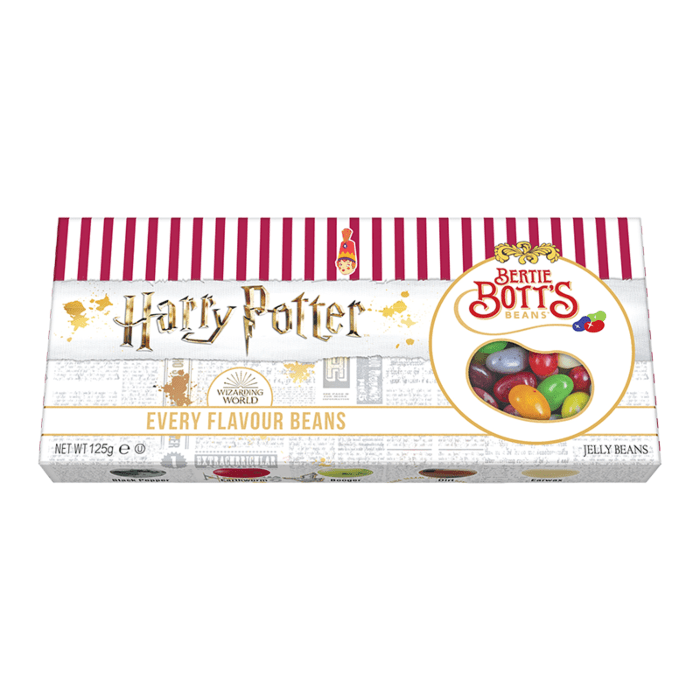 Front of Harry Potter Bertie Bott's Every Flavour Beans Gift Box showing colourful jelly beans in a circular window (125g pack)