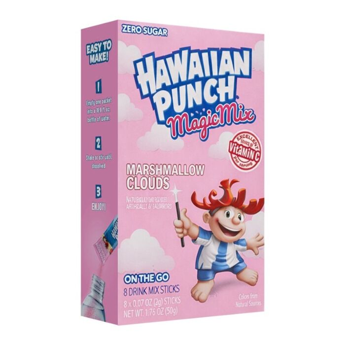 Front of Hawaiian Punch Magic Mix Marshmallow Clouds box displaying the logo, playful character, and drink mix details (17.6g pack)