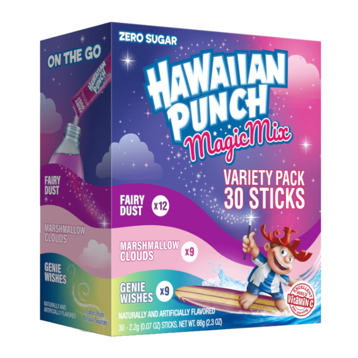 Front of Hawaiian Punch Magic Mix Singles to Go Variety Pack showing vibrant graphics, logo, and details of three flavours, with 30 sticks in total (66g)