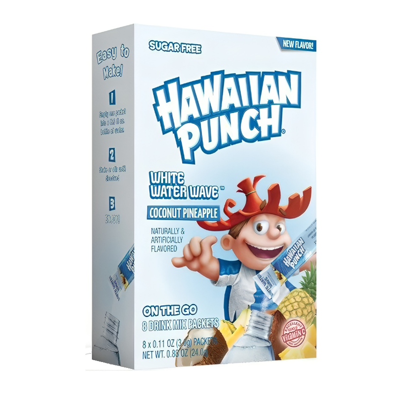 Front of Hawaiian Punch White Water Wave Singles To Go pack showing logo, coconut pineapple flavour label, and details about drink mix (24g pack)