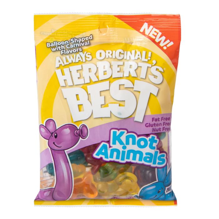 Front of Herbert's Best Knot Animals pack showing colourful gummies in balloon shapes and carnival flavour labels (99g pack)